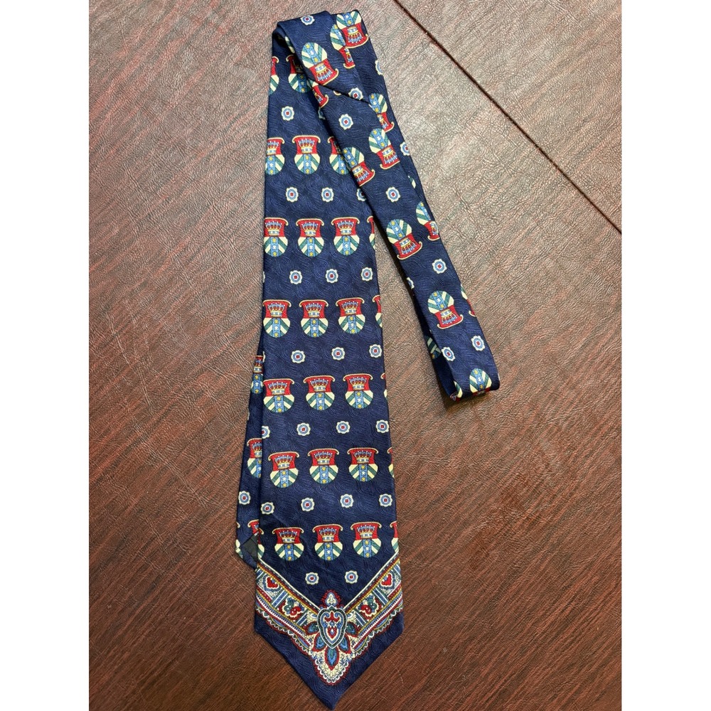 John Blair Mens Navy Blue Silk Necktie Crest Crown Paisley Border Made in USA